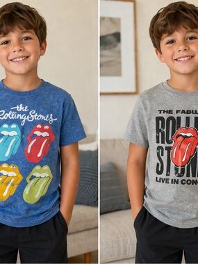 the Rolling Stones Kids Short Sleeve Tee - Blue & Gray with Multicolor Tongues
